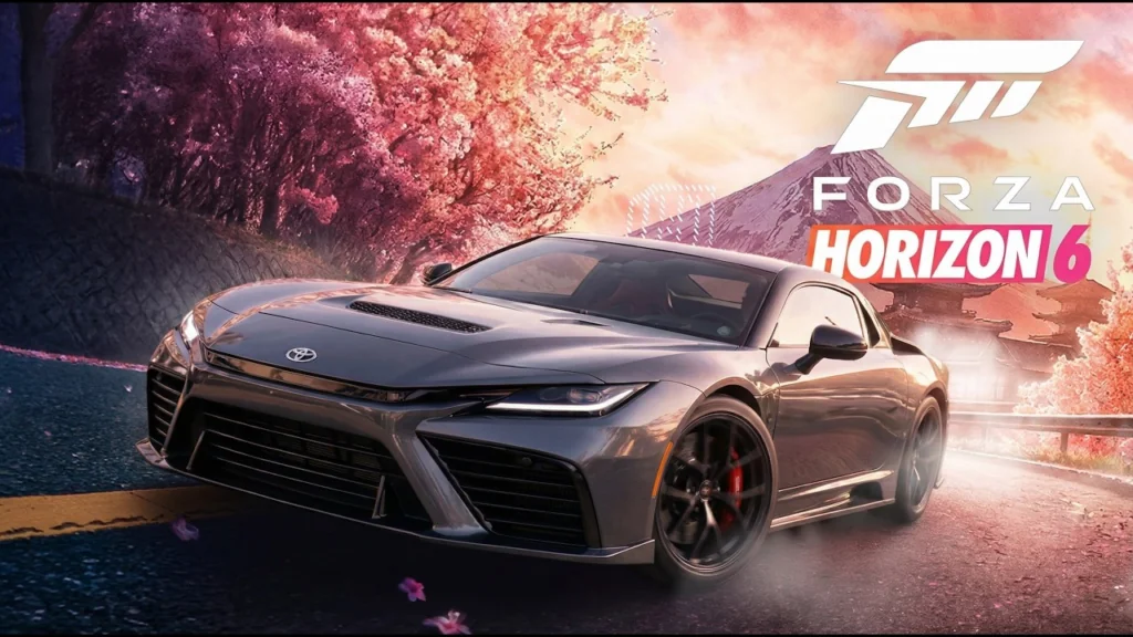 Гоночний автомобіль Forza Horizon 6 на японській трасі з сакурами та Фудзі