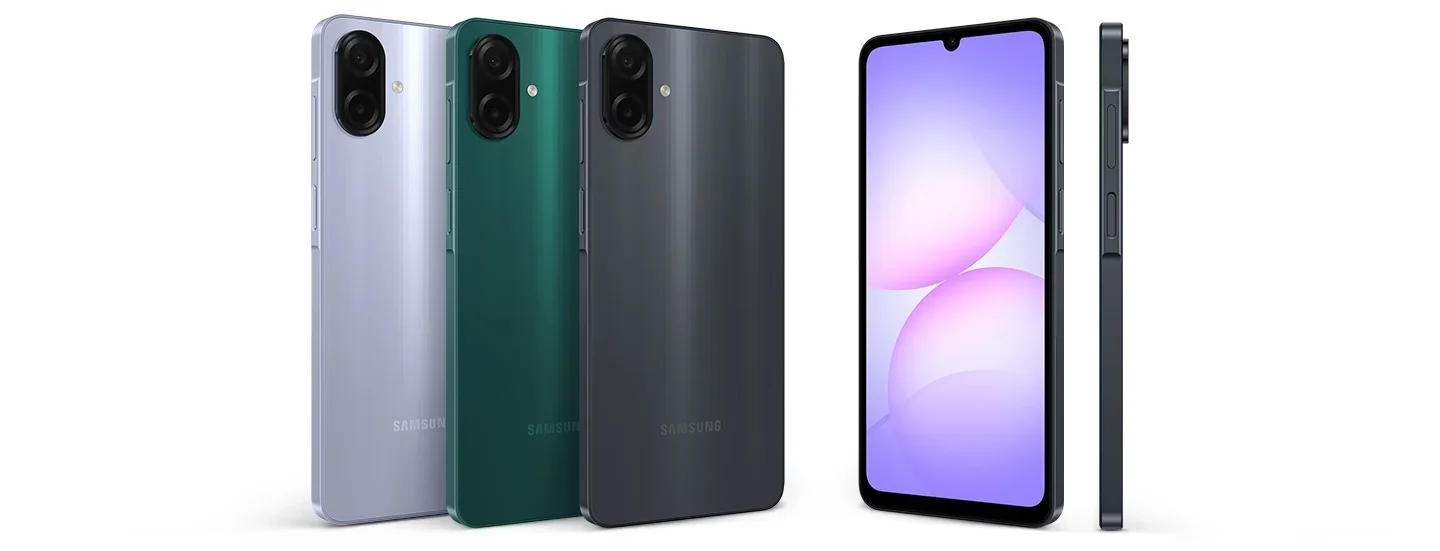 Galaxy A07 4G, лідер рейтингу Android-смартфонів, у фіолетовому, зеленому та сірому кольорах