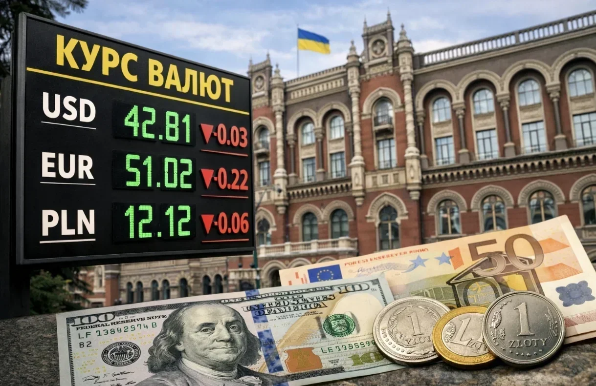 Табло курсів валют: долар 42.81 грн ▼0.03, євро 51.02 грн ▼0.22 з купюрами та прапором України