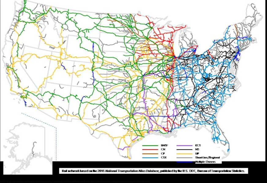 Мережа залізниць США 2019: класи I, II, III за Surface Transportation Board