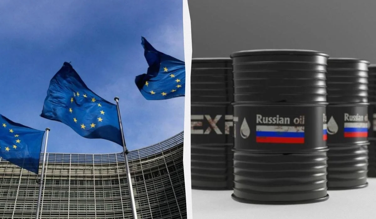 Флаги ЕС и бочки с российской нефтью о ценовом потолке