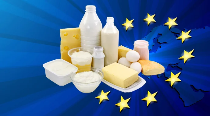 Сыр из ЕС вытеснил украинский рынок: масло под угрозой ЕС-молочные продукты: сыр, сливочное масло, молоко на фоне флага Евросоюза