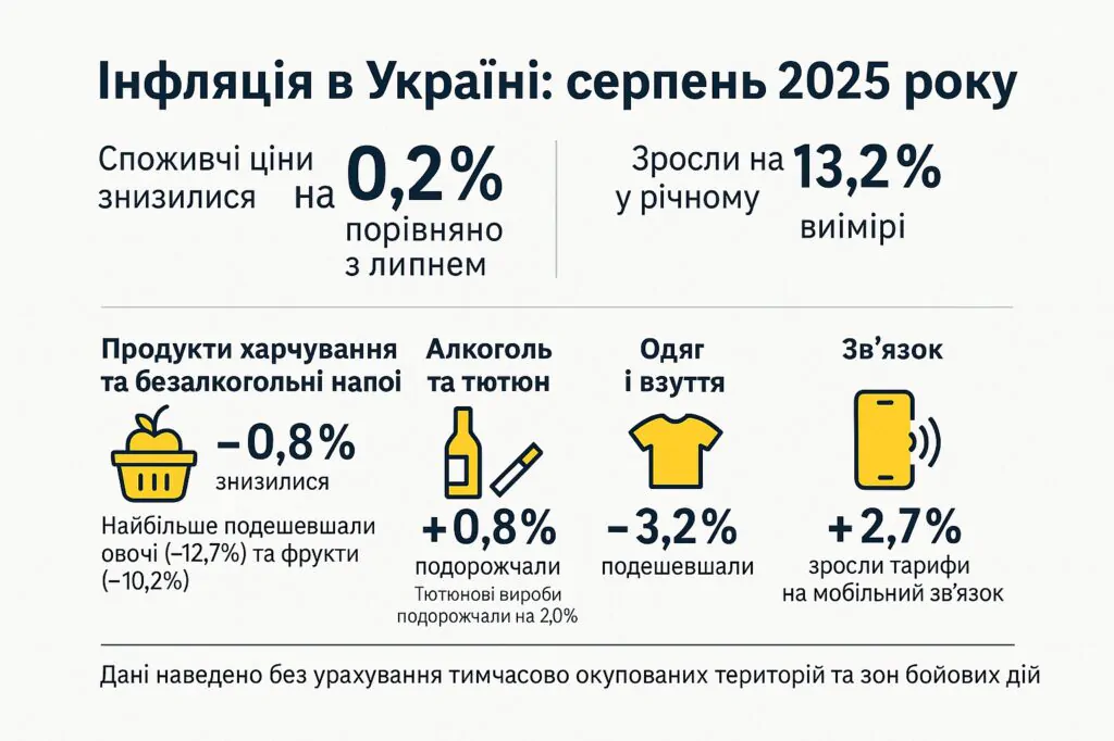 Інфляція в Україні серпень 2025: зростання цін на продукти 13,2%, одяг +0,8%, звязок +2,7%