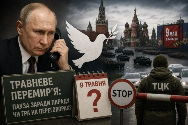 Путін на телефоні на тлі 9 травня в Москві з плакатом «Травневе перемиря: загальна перемога?»