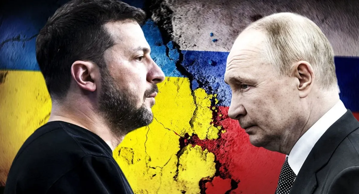 Ультиматум Кремля: Зеленський та Путін на тлі прапорів України і РФ