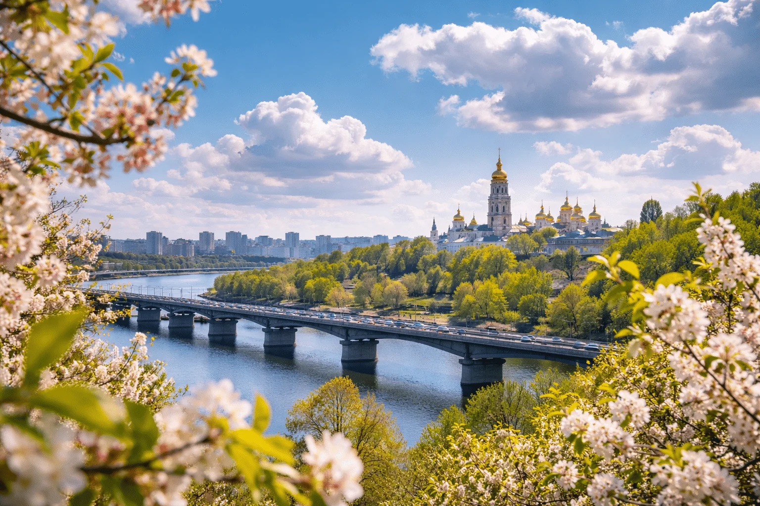 Київ +20° без дощів: Лавра над Дніпром у сонячну хмарність з цвітінням