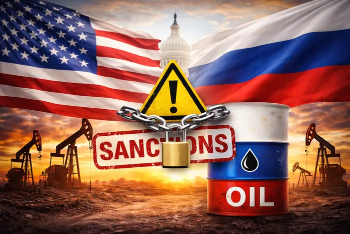 Прапори США та РФ, Капітолій і замкнена бочка нафти під санкціями