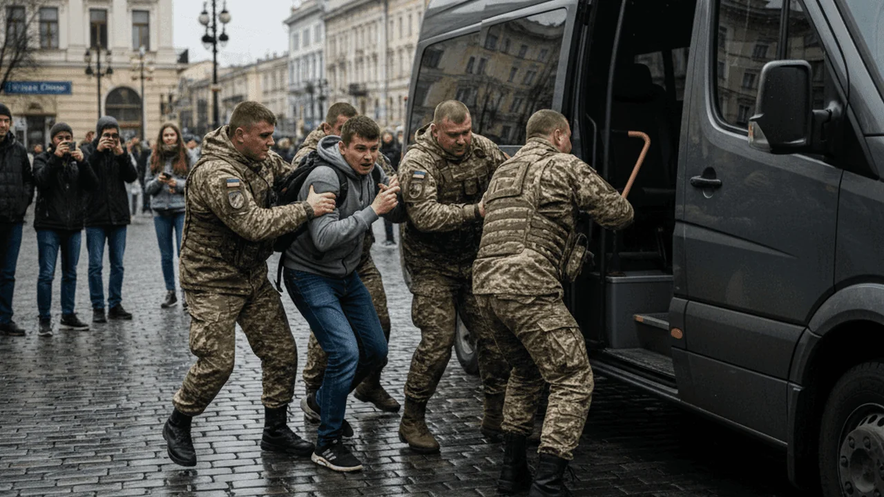 Військові силоміць затягують чоловіка в мікроавтобус під час мобілізації