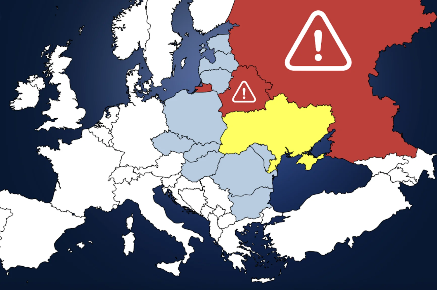 Мапа Європи з Росією та Білоруссю, позначеними червоним як ядерний плацдарм біля НАТО