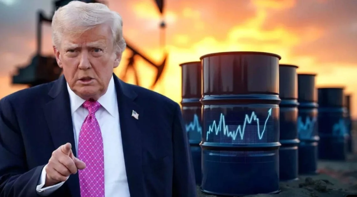 Дональд Трамп на тлі нафтових бочок з графіком зростання цін