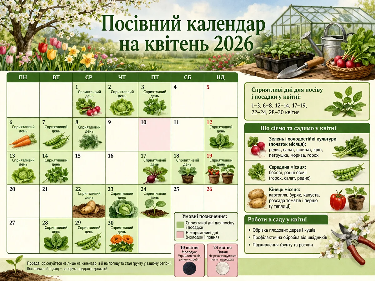 Посівний календар на квітень 2026 з датами для посадки квасолі та овочів