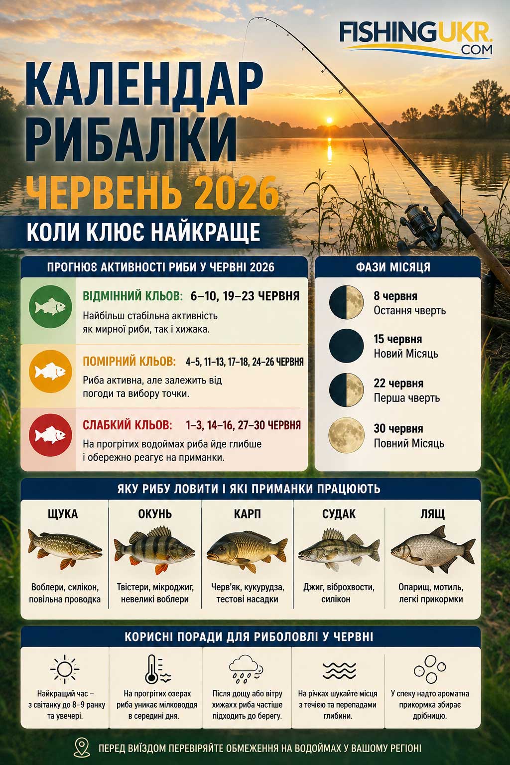 Календар риболовлі на червень 2026 з фазами Місяця та датами кльову