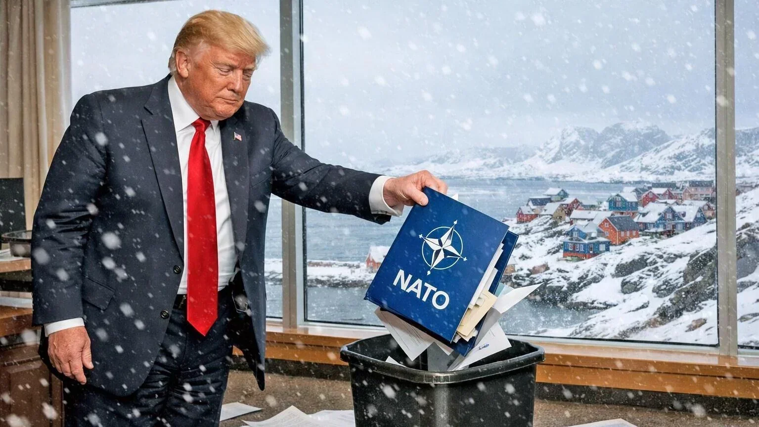 Дональд Трамп викидає папку НАТО у смітник на тлі зимового пейзажу