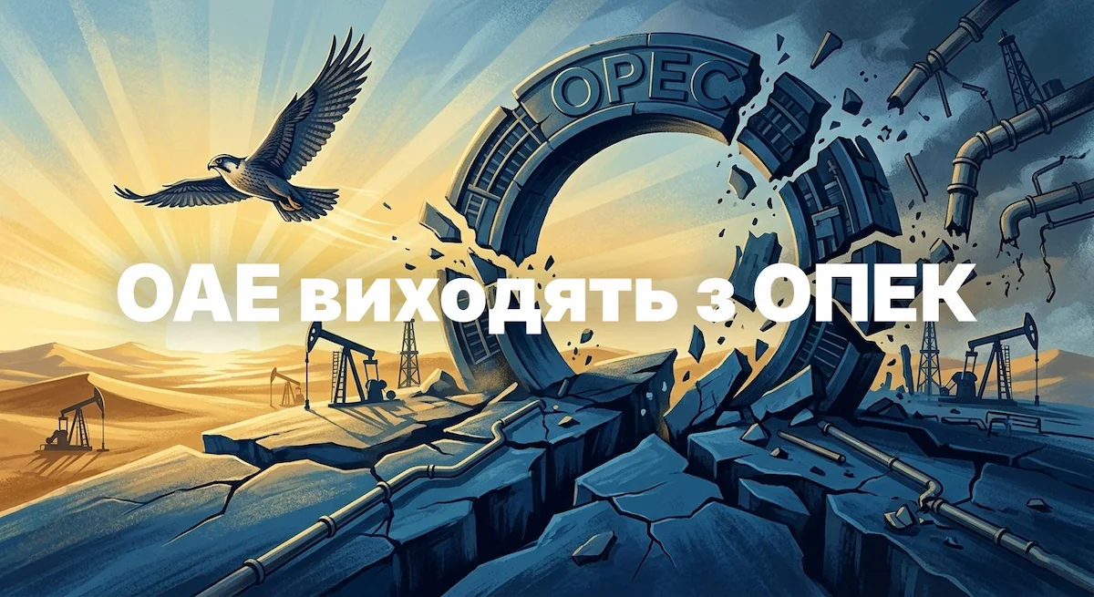 Орел прориває розбитий логотип ОПЕК з написом «ОАЕ виходять з ОПЕК» на тлі нафтовишок пустелі.