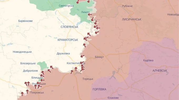 Карта просування окупантів поблизу Закітного на Донеччині з червоними стрілками