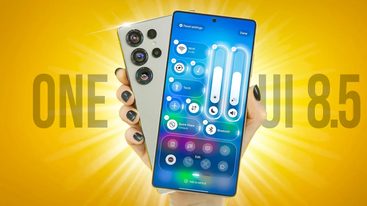 Рука тримає смартфон Samsung Galaxy з інтерфейсом One UI 8.5 та ШІ-функціями на жовтому фоні