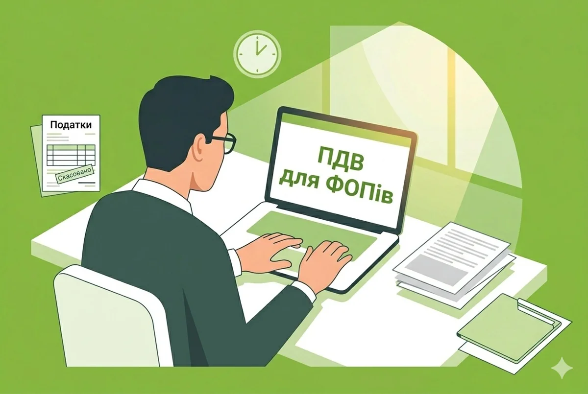Чоловік за ноутбуком з екраном «ПДВ для ФОПів» та податковими документами