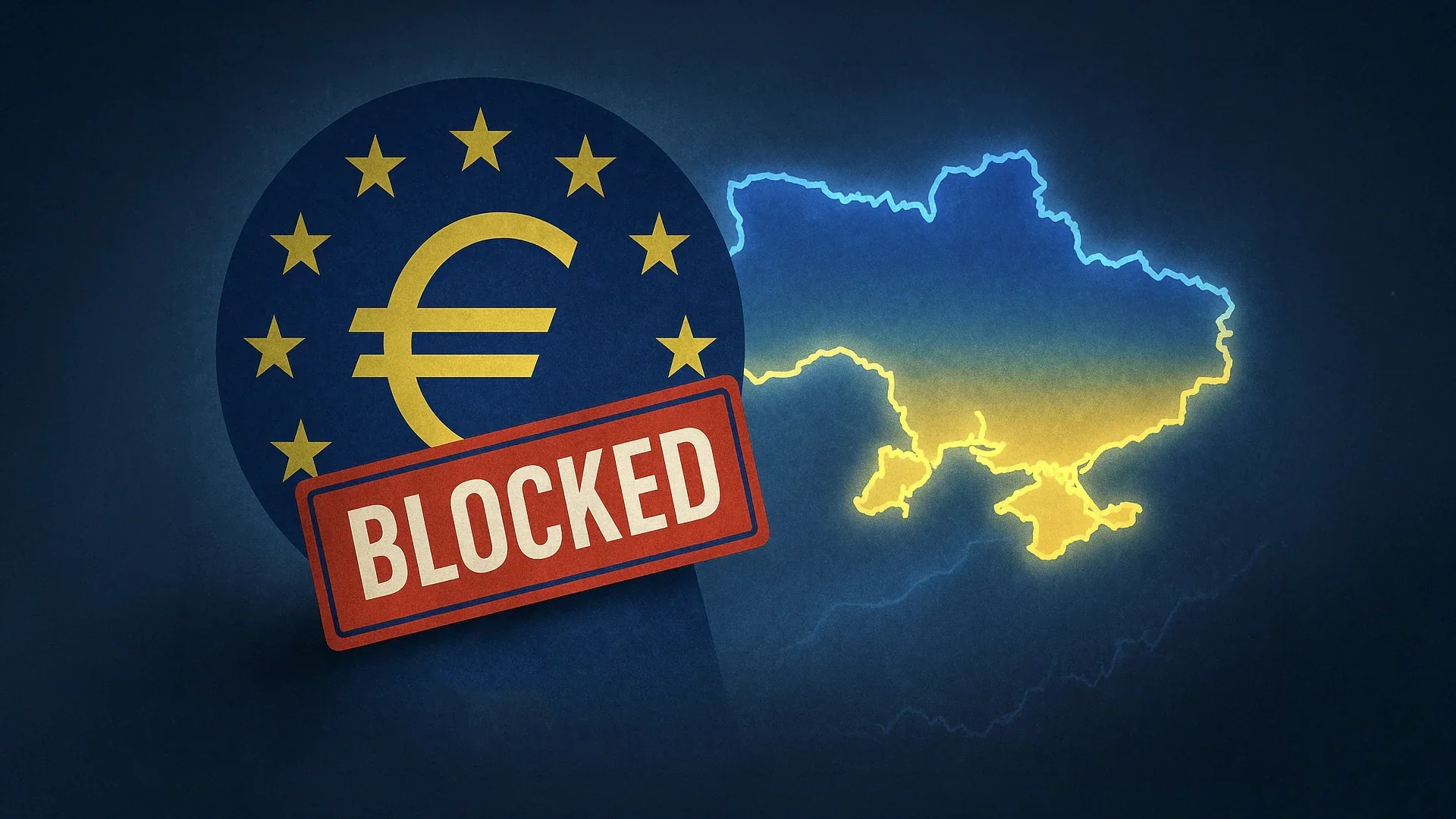 Заблокований символ кредиту ЄС BLOCKED поряд з контуром України через відтермінування траншу