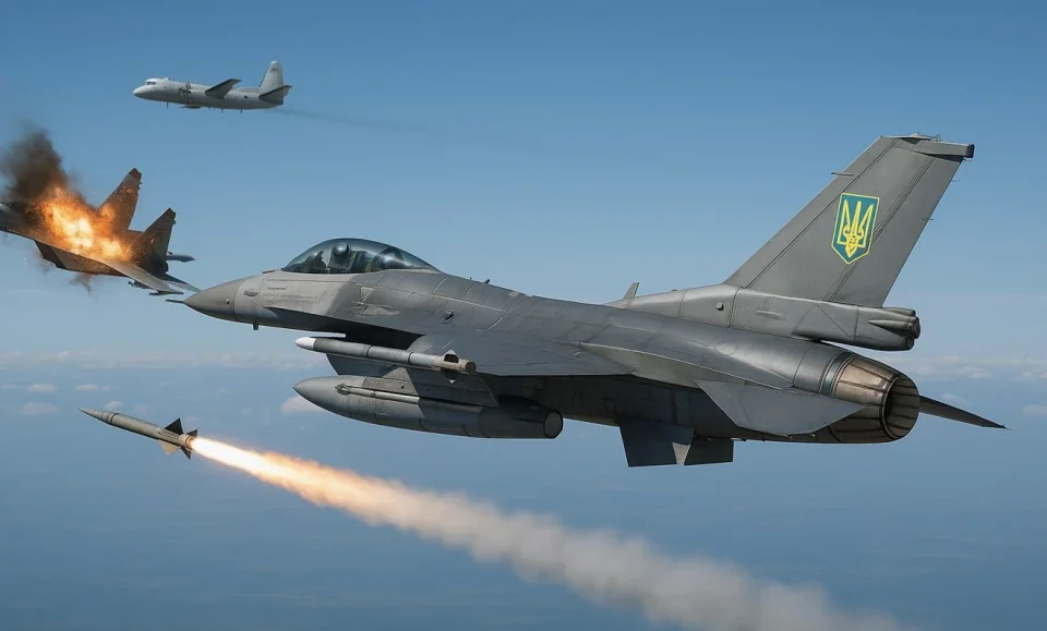 Український F-16 з тризубом запускає керовану ракету над морем