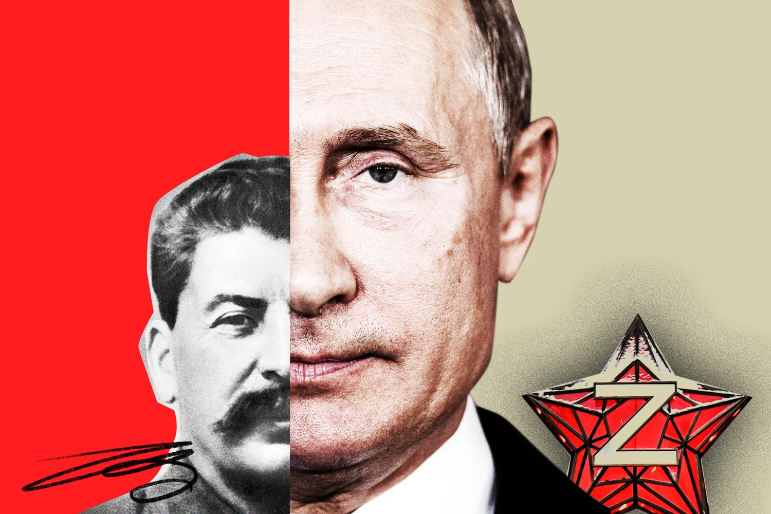 Путін і Сталін на розділеному портреті з червоною зіркою Z, що символізує вибір завершити війну чи повернутися до сталінізму