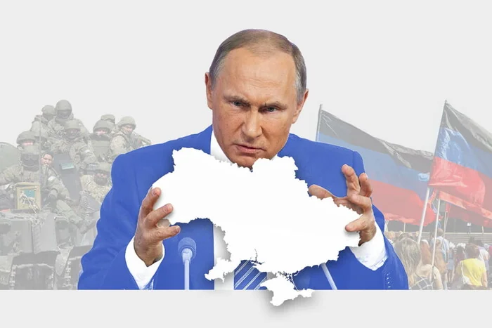 Путін простягає руки до карти України на тлі російських солдатів і прапорів