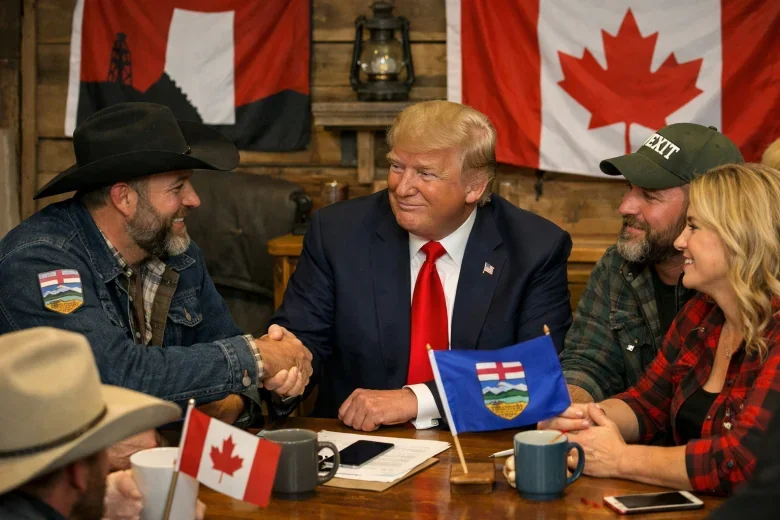 Дональд Трамп тисне руку сепаратистам Альберти під провінційними та канадськими прапорами.