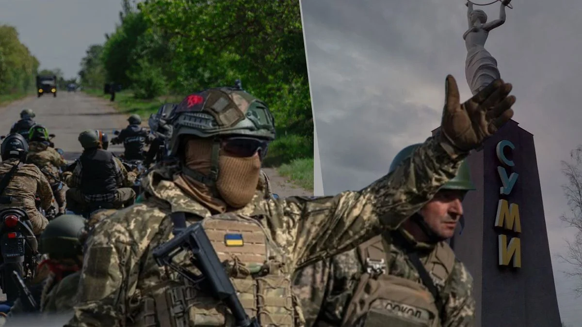 Українські десантники ДШВ біля монумента Суми на тлі дороги