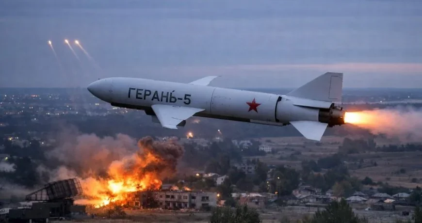 Ракета «Герань-5» з червоною зіркою в польоті над палаючим українським селом.