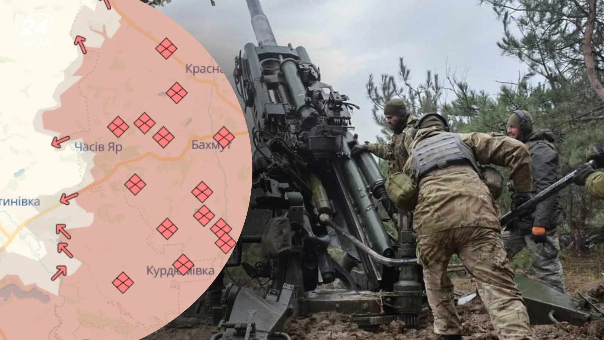 Мапа штурмів росіян на Гуляйпільщині з українською гаубицею в лісі