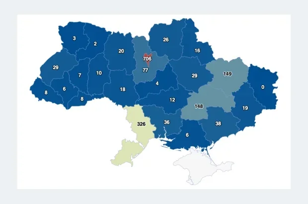 Карта розподілу 2888 скарг на порушення мовного закону по областях України