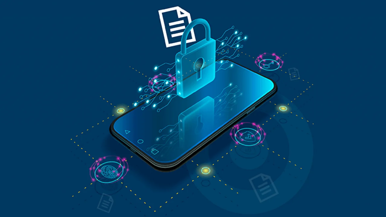 Смартфон з замком безпеки серед документів як центр цифрової безпеки