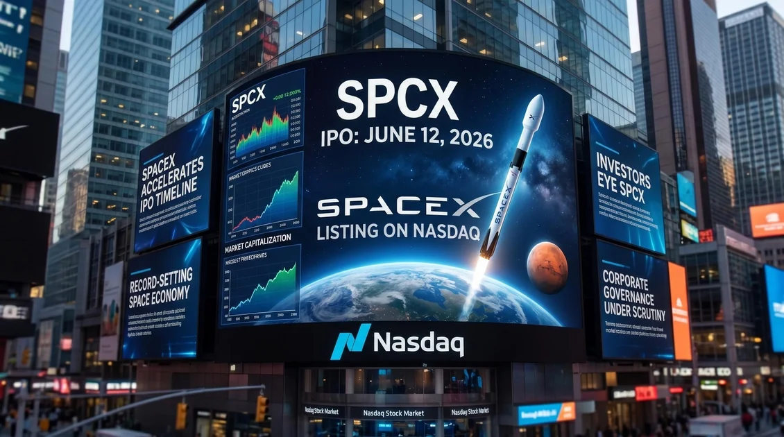 Цифровий білборд Nasdaq з IPO SpaceX 12 червня 2026 року та графіками ринку