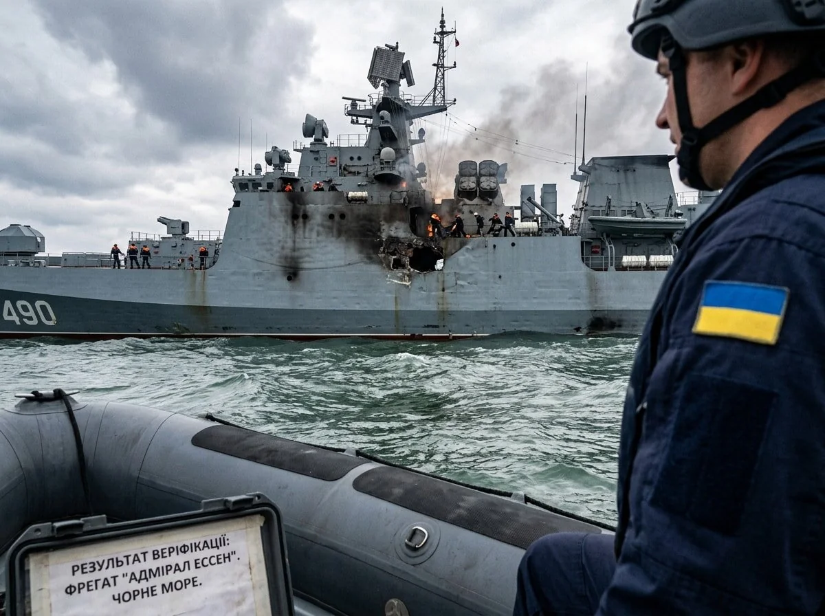 Пошкоджений фрегат «Адмірал Ессен» після удару в Чорному морі