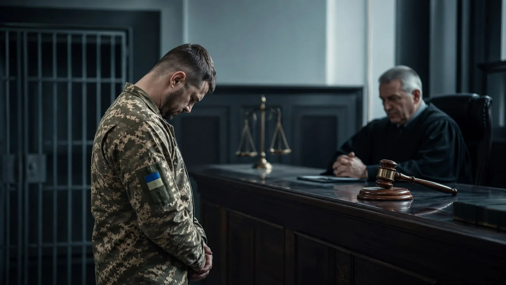Військовослужбовець у камуфляжі стоїть перед суддею за СЗЧ у Личаківському суді Львова