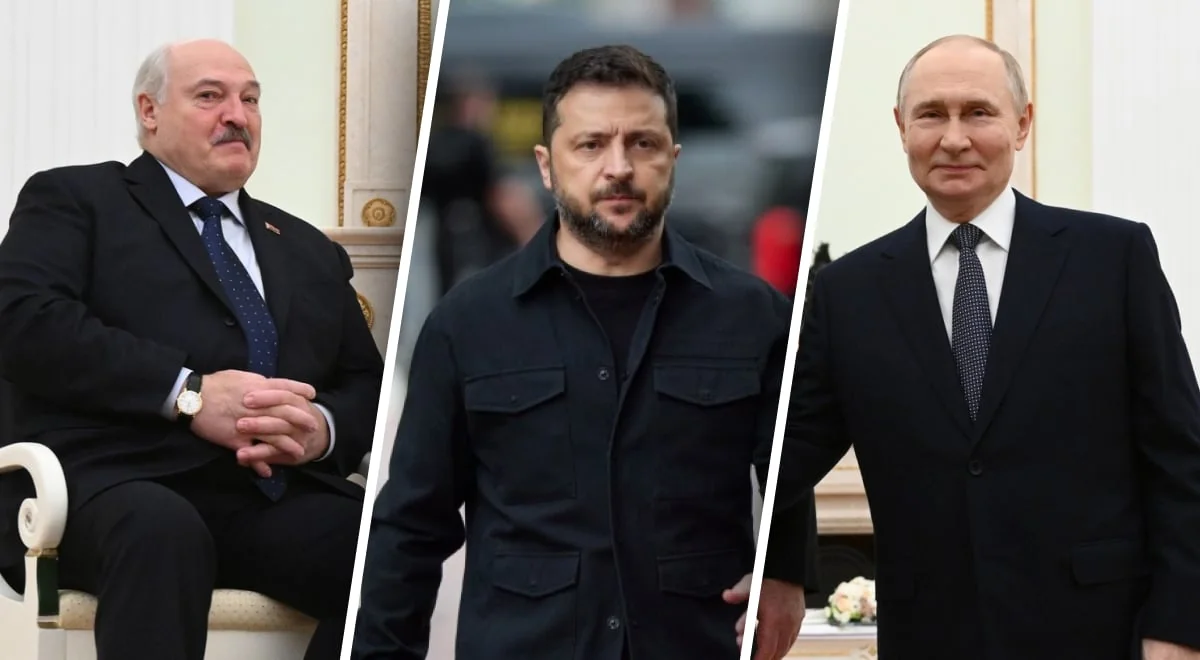 Володимир Зеленський, Олександр Лукашенко та Володимир Путін на тлі тиску Росії на Білорусь