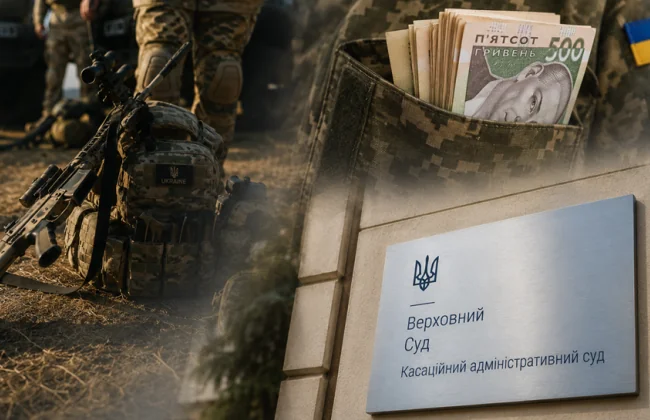 Потеряет ли военнослужащий право на 100 тысяч гривен после СЗЧ: позиция Верховного Суда Военные с оружием и гривнами на фоне таблички Кассационного административного суда