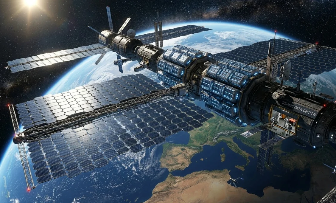 Орбітальний дата-центр SpaceX з сонячними панелями над Землею