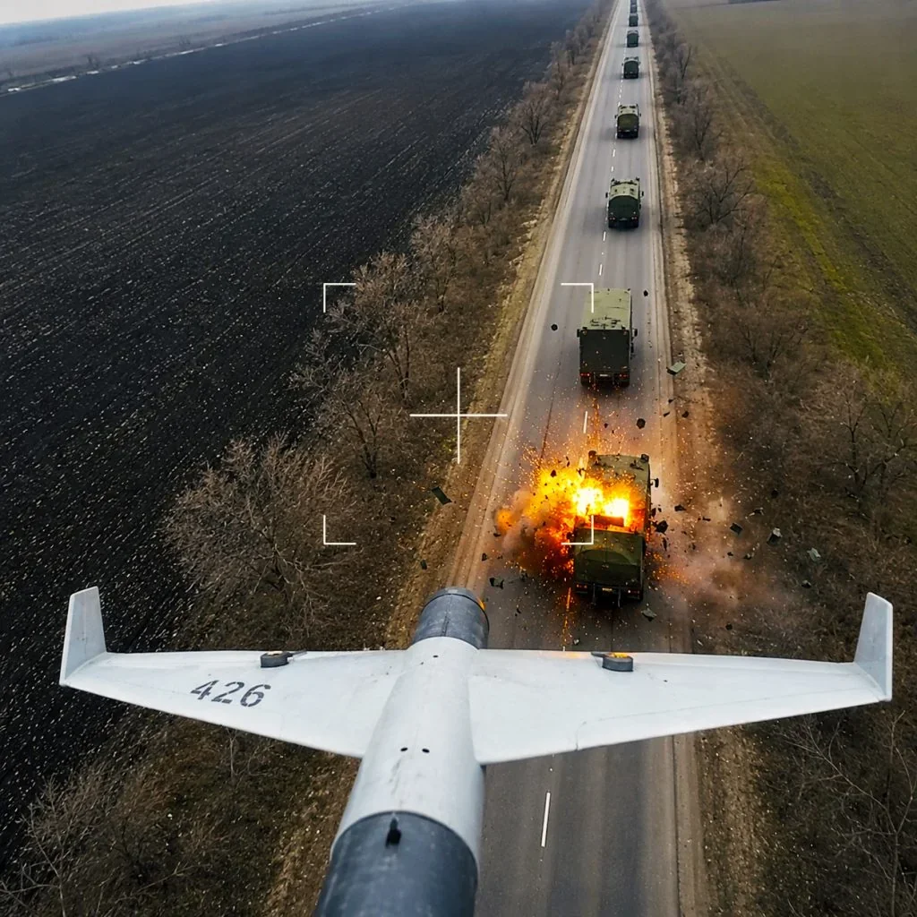 Дрон ЗСУ атакує колону ворожої техніки на дорозі Мелітополь–Чонгар