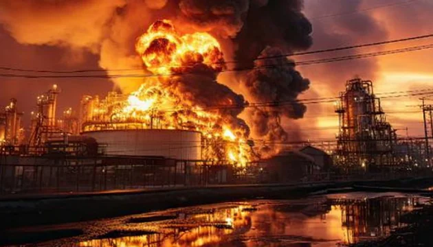 Палаючий нафтопереробний завод у європейській Росії після удару