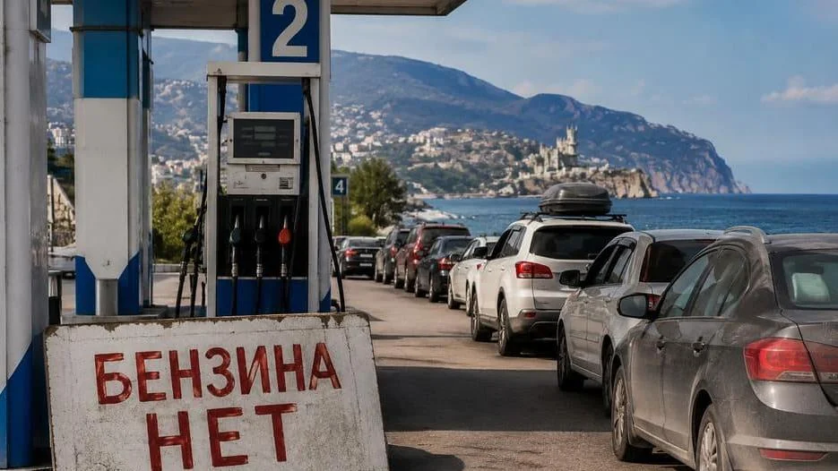 Очередь автомобилей на заправке с надписью «БЕНЗИНА НЕТ» из-за дефицита топлива в Крыму
