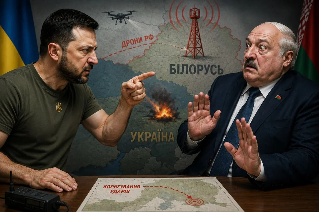 Зеленський вказує на Лукашенка на тлі мапи ретрансляторів дронів РФ у Білорусі
