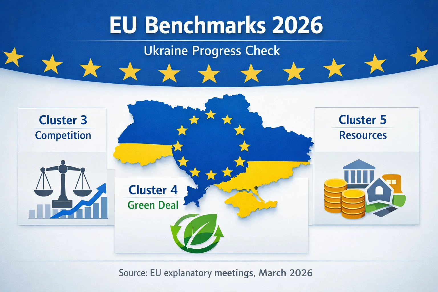 Карта Украины с кластерами переговоров о вступлении в ЕС: Competition, Green Deal, Resources