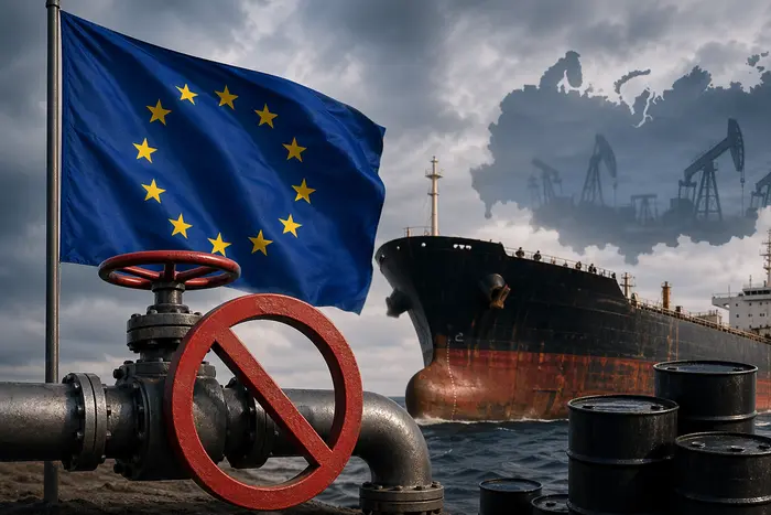 Прапор ЄС біля танкера тіньового флоту зі знаком заборони нафти
