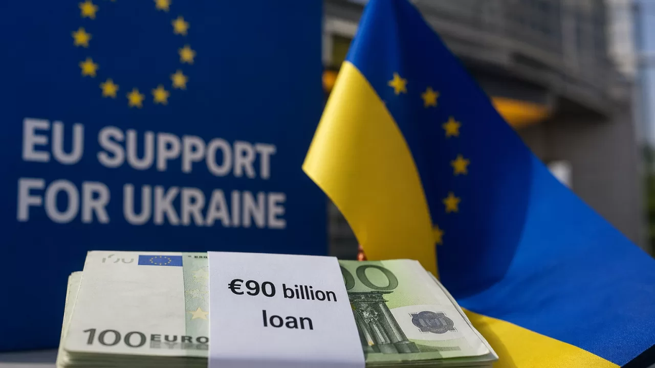 Пачка євро з написом €90 billion loan на тлі прапорів ЄС та України