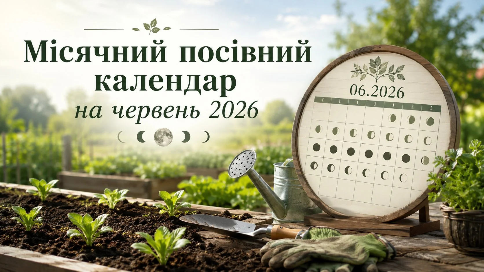 Лунный посевной календарь на июнь 2026 с фазами Луны среди садовых инструментов на грядке