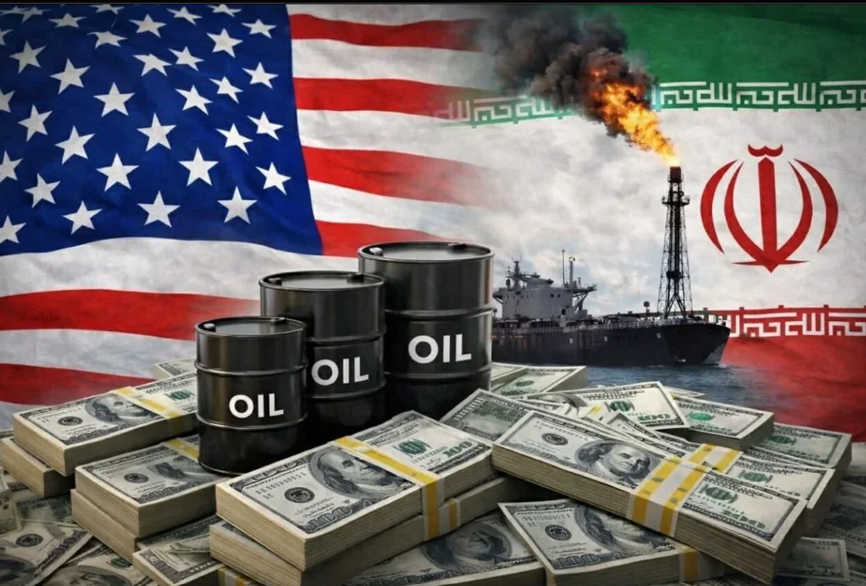 Нефтяные бочки и деньги на фоне флагов США и Ирана