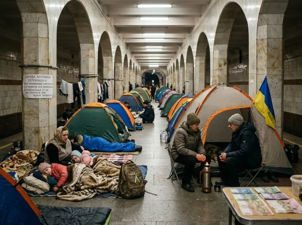 Намети в київському метро під час повітряної тривоги з прапором України