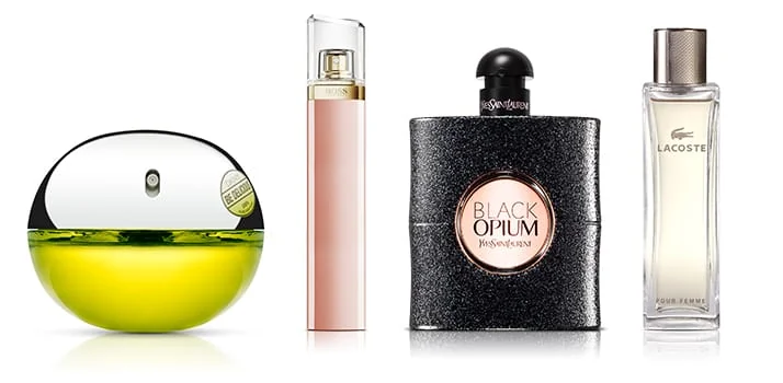 Флакони жіночих парфумів Black Opium та Lacoste Pour Femme