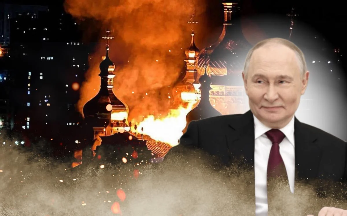 Путін на тлі палаючої Києво-Печерської лаври під час ударів по святинях