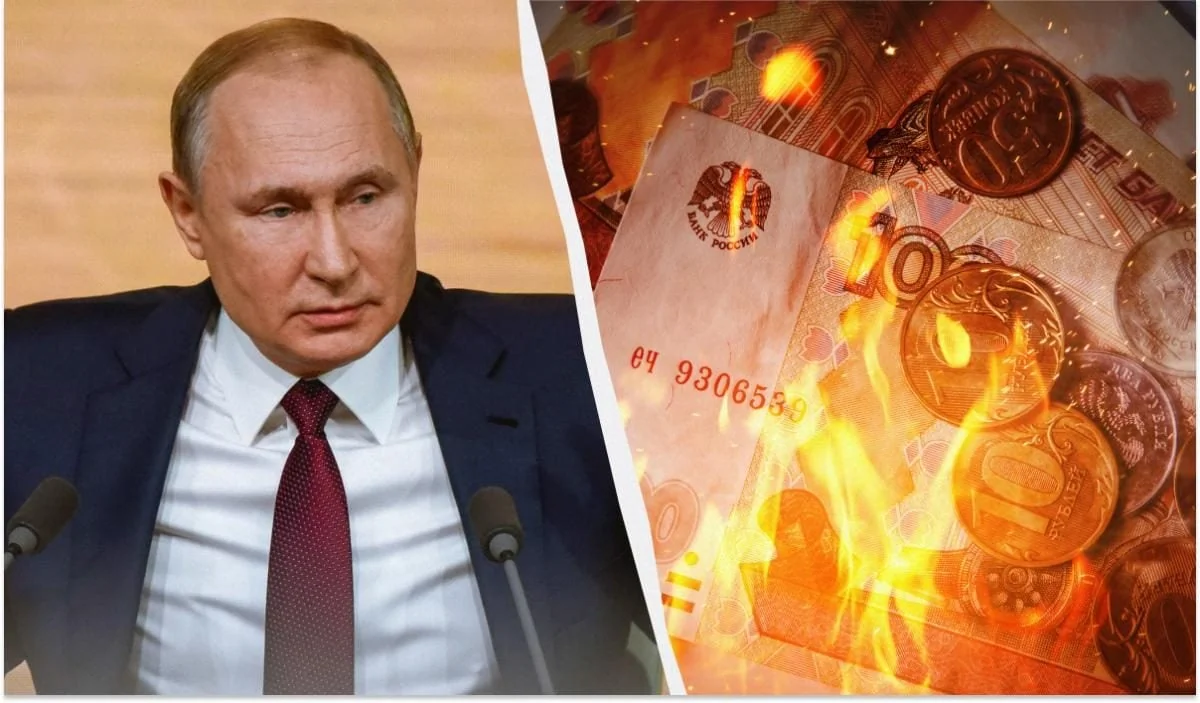 Путін на тлі палаючих рублів символізує конфіскацію активів олігархів